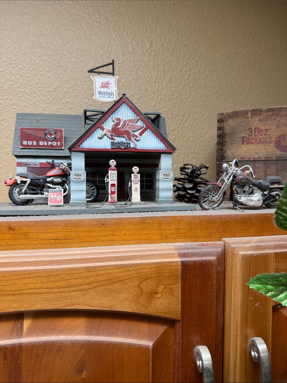 Retro Gas Station Model - with Miniature Harley Davidson motorcycles